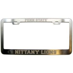 license plate frame brushed stainless steel with engraved Penn State at top, Nittany Lions and Athletic Logos at bottom